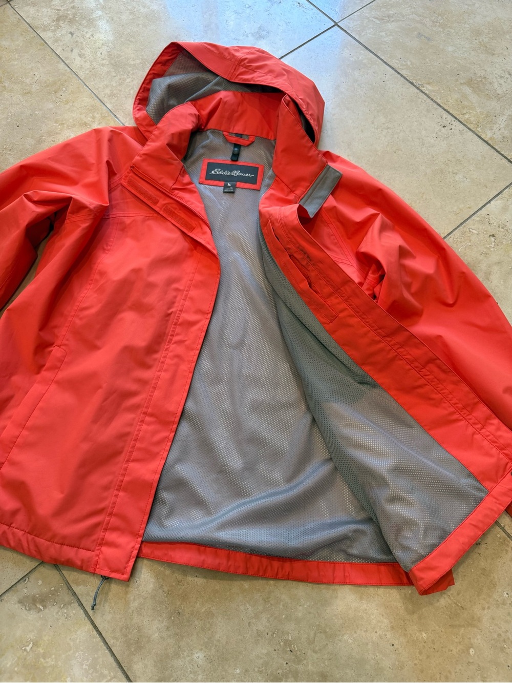 Eddie Bauer Red-Orange Hooded Raincoat with Gray Lining